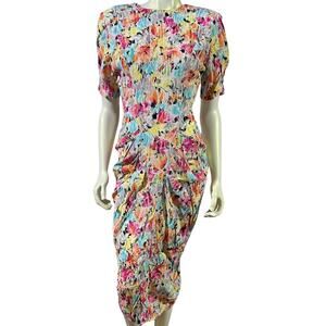 Vintage Just For Wraps California Abstract Watercolor Print Ruched Midi Dress